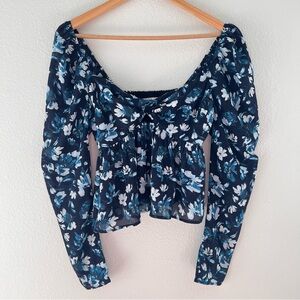 Abercrombie Blue Floral Sheer Babydoll Key Hole Going Out Date Night Top XS NWT
